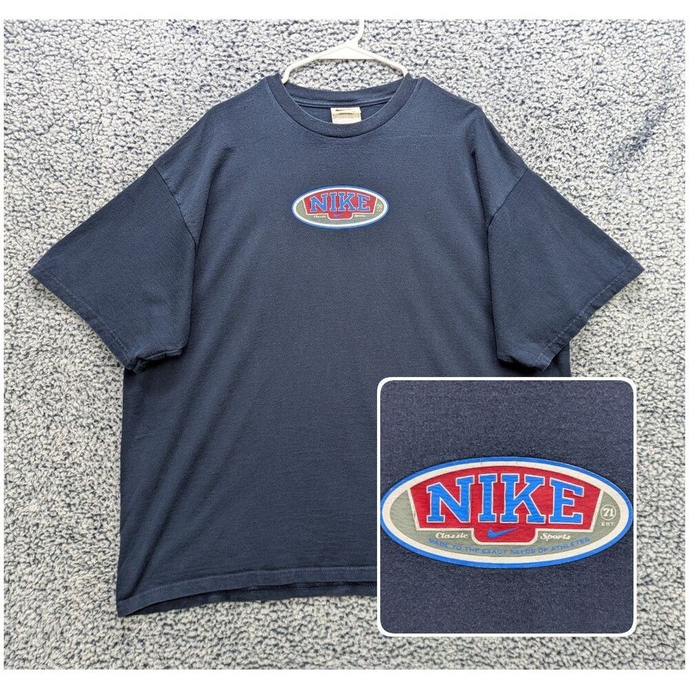 Vintage 1990s Nike Football Center Logo Swoosh Shirt Sz XL Y2K Preppy Retro Blue